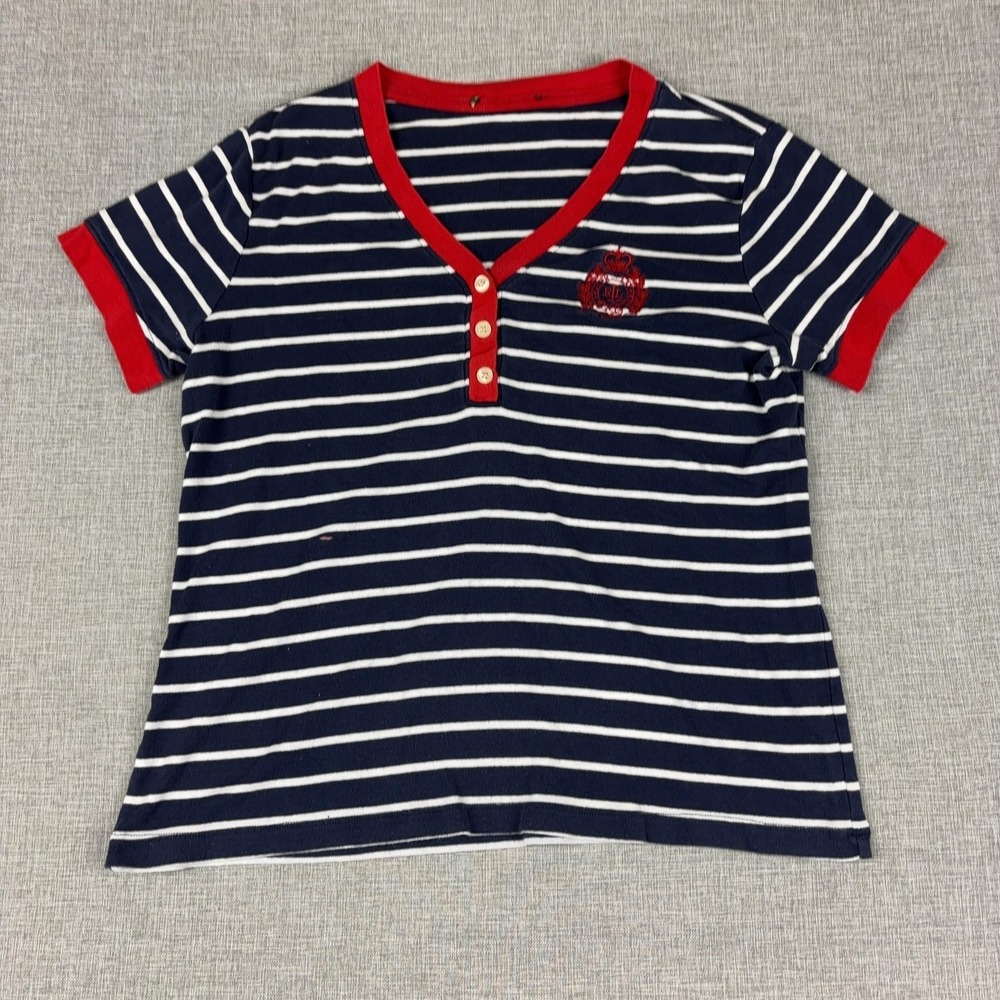 Ralph Lauren T-Shirt Womens M‎ Blue Ringer V-Neck Striped Embroidered Top